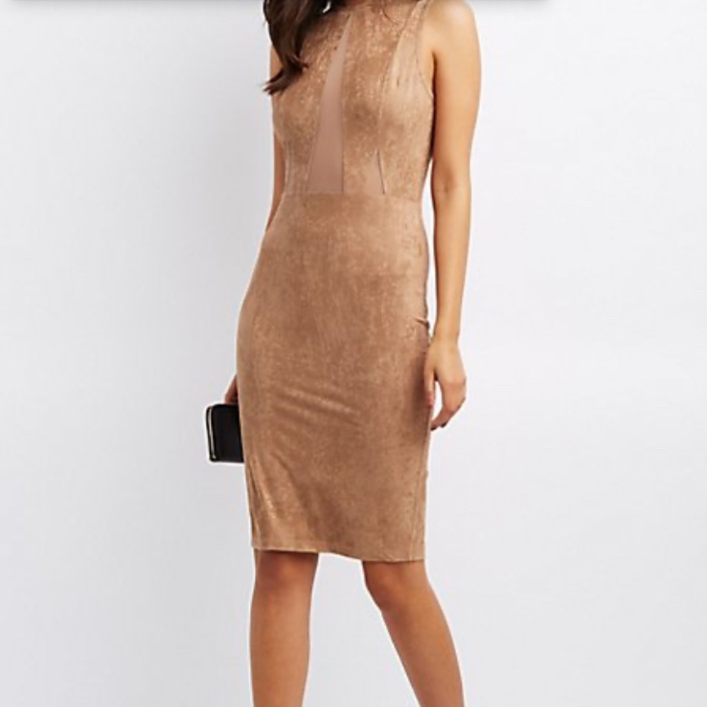 Beige Suede Mesh-Trim Dress XS